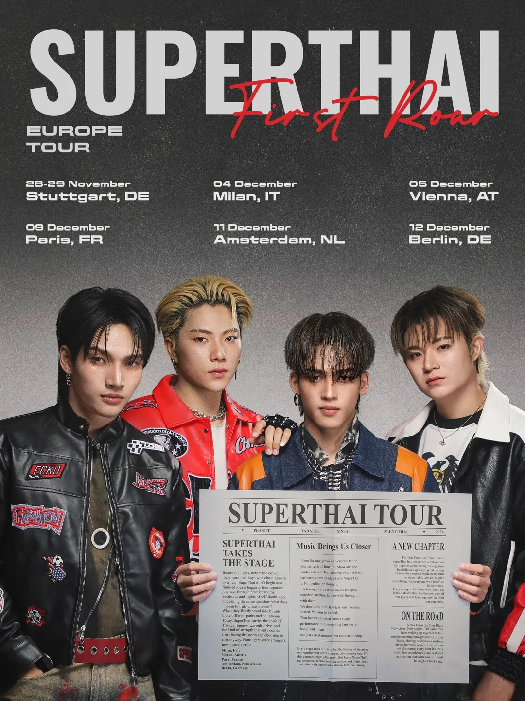 Tourplakat der SUPERTHAI Europe Tour „First Roar“ mit den sechs Terminen von Stuttgart bis Berlin